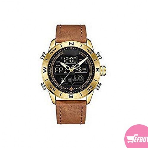 Leather strapped classic chronometer with digital and analog-gold.