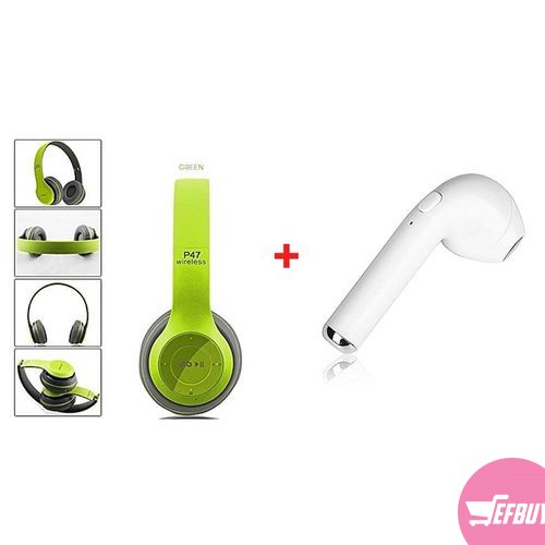 Combo Of P47 Super Bass Wireless Headsets And i7 Wireless Right Ear Earphone - Green,White