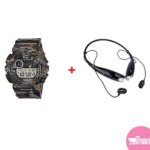 Bluetooth Neckband Headsets With A Free Camouflage Digital Waterproof Watch - Black