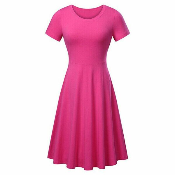 Women Summer Short Sleeve High Waist Casual Party Pleated Skater Dress-Pink