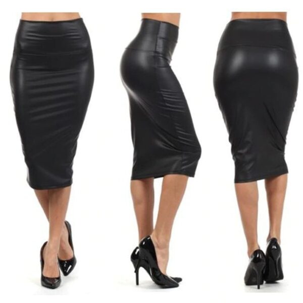 Ladies Designer Body Con Faux Leather Skirt-Black.