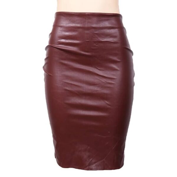 Ladies Sexy Bony Con Faux Leather Skirt-Maroon.