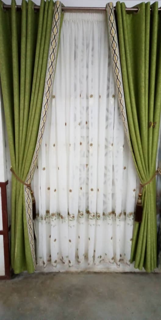 Classy and trendy plain curtain with a floral net - Green