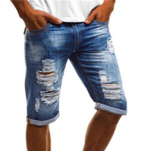 Men's ripped jean shorts with turn up-Blue