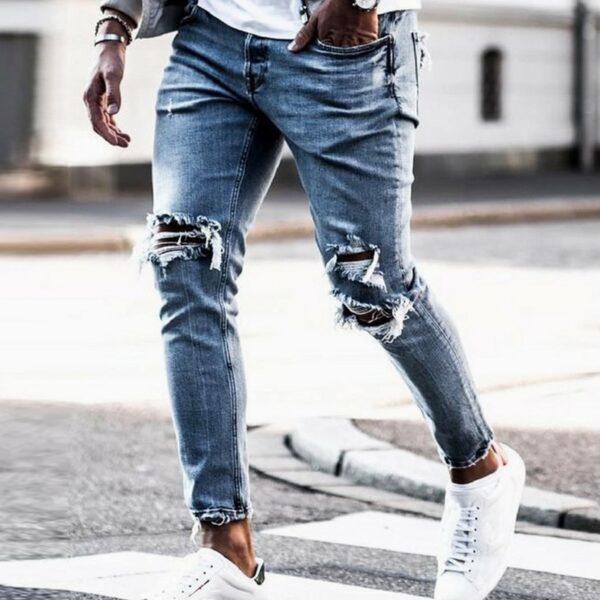 Men's street wear ripped destroyed designer jeans-Blue.