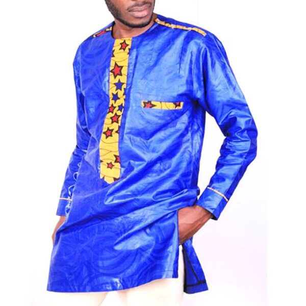 Long Sleeved And Multi Star Designed African Kitengi Shirt – Blue