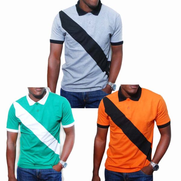 3 Pack Of Diagonal Men's Polo T-Shirts - Green, Grey, Orange