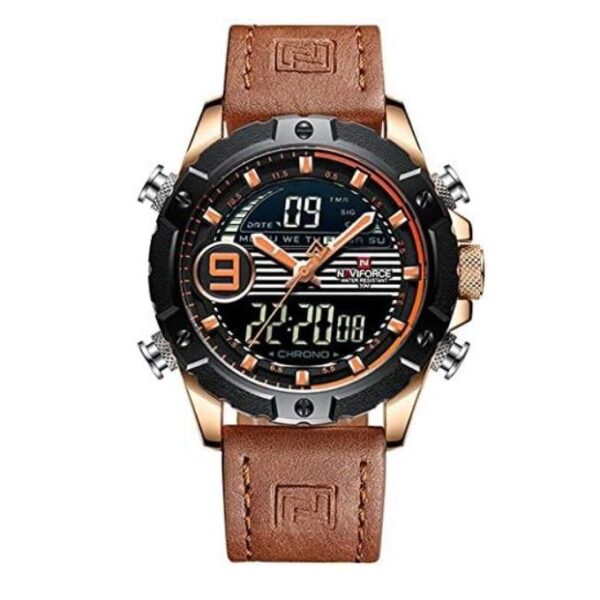 Naviforce NF9146L Leather Chronograph Analog Digital Wristwatch - Brown