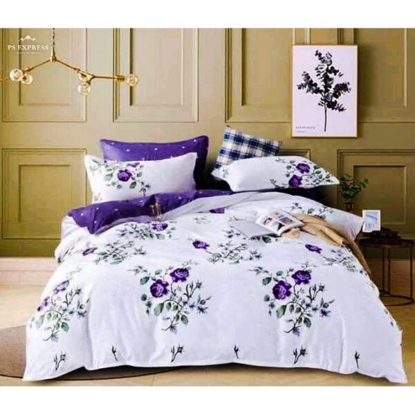 5*6 Bed Cover with 2 Pillowshams & 1 Bedsheet - Purple/White