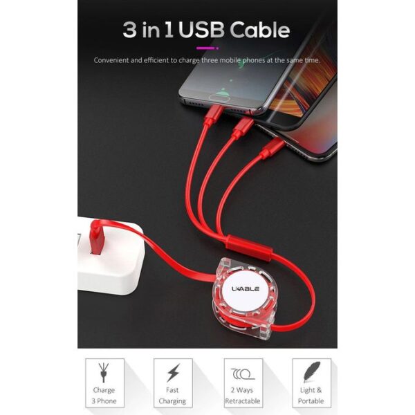 3In1 USB charging Cable type-C to type-A , Lightning Cable and Micro-B USB Ports