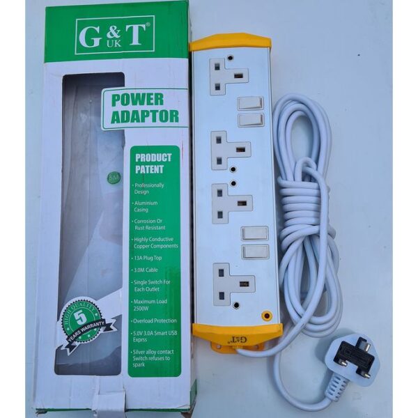 5M 4 Way 13A Aluminium Casing Power Extension Socket - Silver