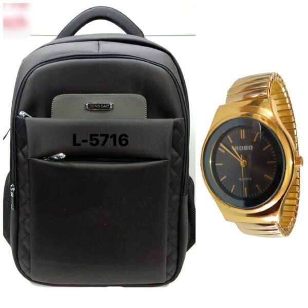 Designed Anti-theft Laptop Bag With Free Watch- Black,Gold