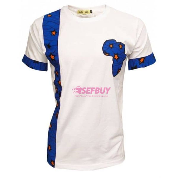 Designer African Kitengi Print Men's T- Shirt - White,Blue