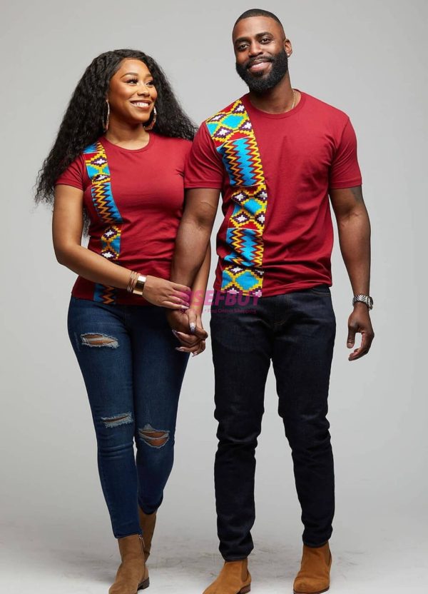 African tunic(Bitenge) Couple T-shirts Maroon