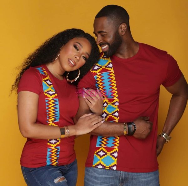 African tunic(Bitenge) Couple T-shirts Maroon - Image 3